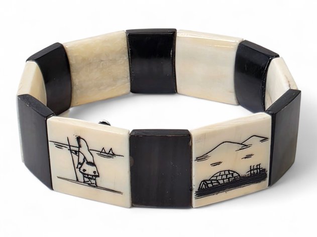 Walrus Ivory & Baleen Scrimshaw Story Panel Bracelet - Paul Omiak