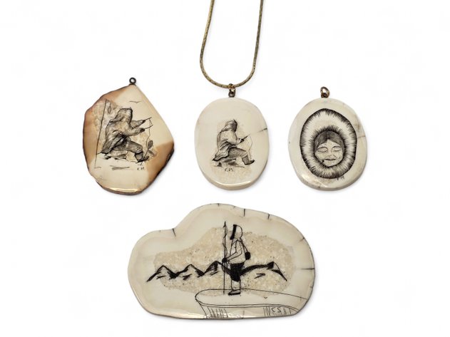 Walrus Ivory Scrimshaw Pendants & Slices - Fred Mayac & Carson Sockpick