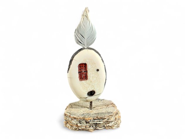 Walrus Ivory, Baleen & Polychrome Scrimshaw Maskette on Base