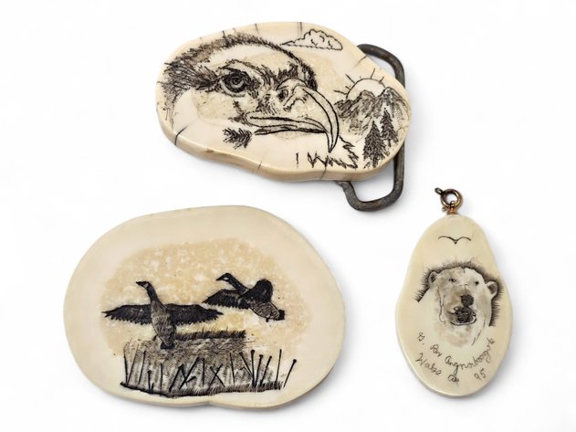 Walrus Ivory Scrimshaw Belt Buckle, Pendant & Décor - Gene Angnaboogok & Others