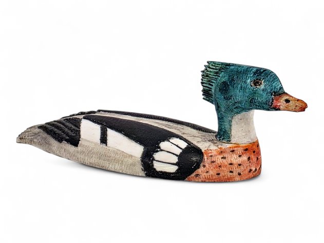 Walrus Ivory & Polychrome Scrimshaw Red-Breasted Merganser - Fred Mayac