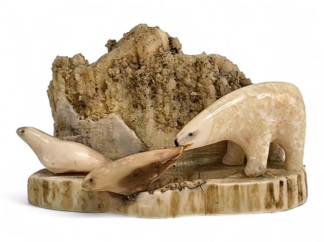 Walrus Ivory Polar Bear & Seal Diorama w/ Tusk Base