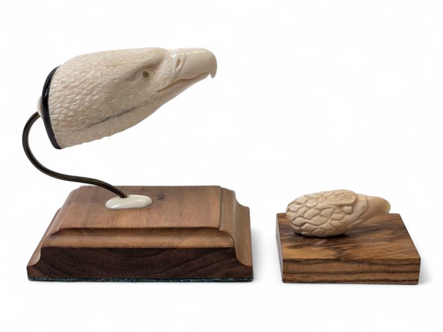 Walrus Ivory & Baleen Eagle Heads w/ Wooden Bases