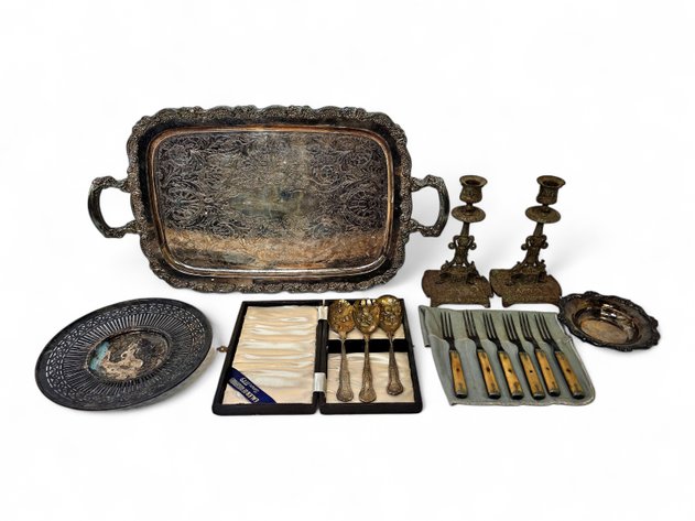 Eales of Sheffield Silverplate Salad Serving Set, Poole Silverplate Candy Bowl & More