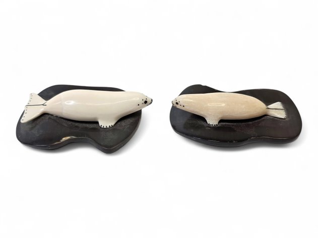 Walrus Ivory, Baleen & Scrimshaw Seal Figurines on Baleen Bases - Nahveenayuk