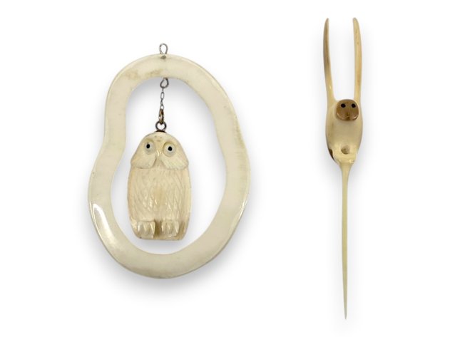 Walrus Ivory Snowy Owl Pendant & Hair Pin