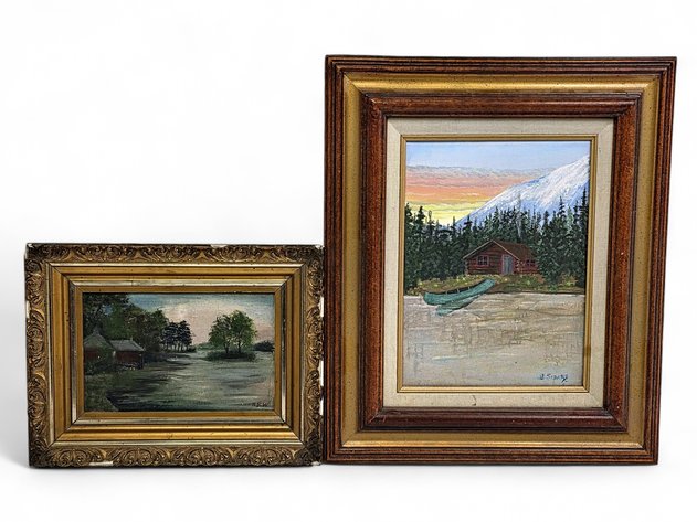 J. Sidars Lake-Side Cabin & H.E.W. River-Side Building Original Paintings