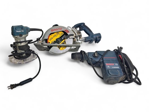 Makita Compact Router & Bosch Worm Drive Saw & Rotary Hammer Drill