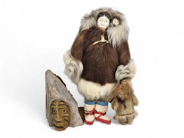 Cleveland Sandy Soapstone Carving, Fur Ornament, Fur & Ivory Packing Doll