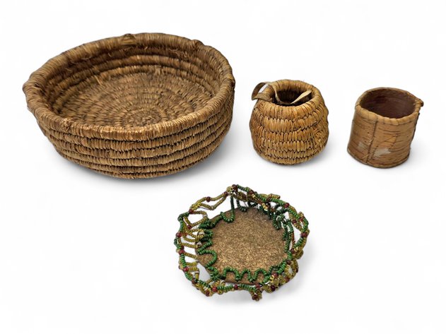 Grass, Birch Bark & Leather Beaded Baskets