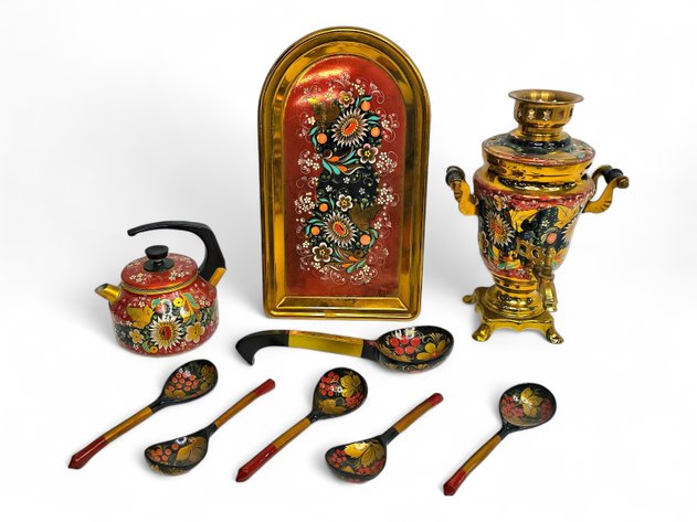 Khokhloma Samovar w/ Kettle & Utensils