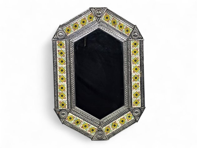 A Mexican Folk Art Tin & Ceramic Mirror