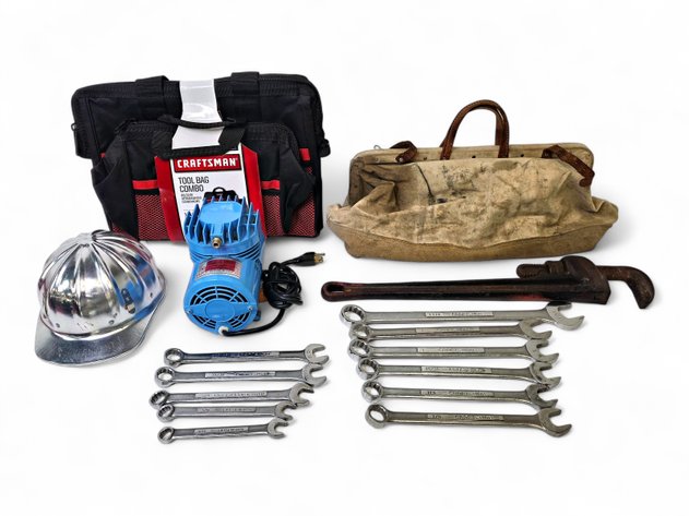 Paasche Air Compressor, Craftsman Combination Wrenches, Tool Bags & More