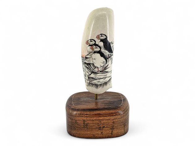 A Scrimshaw Whale Tooth - Puffin Scene