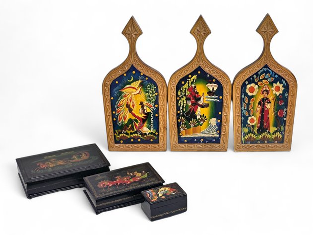Russian Folk Art Wood Panels & Lacquer Boxes