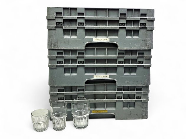 3x Glass Racks & Libbey Duratuff Clear Glasses