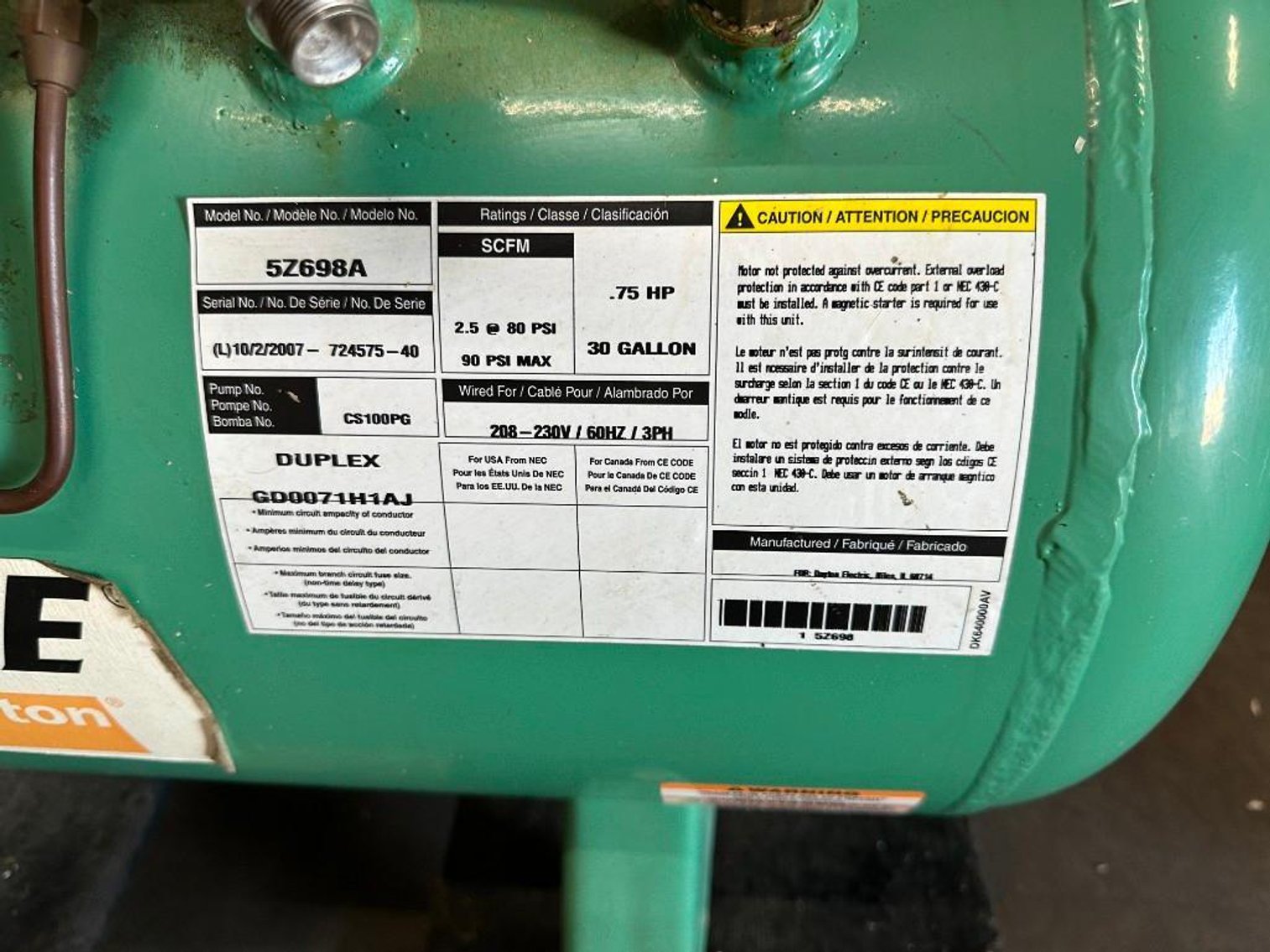 Image for MJK1881 Speedaire by Dayton .75 HP Air Compressor with 30 Gallon tank