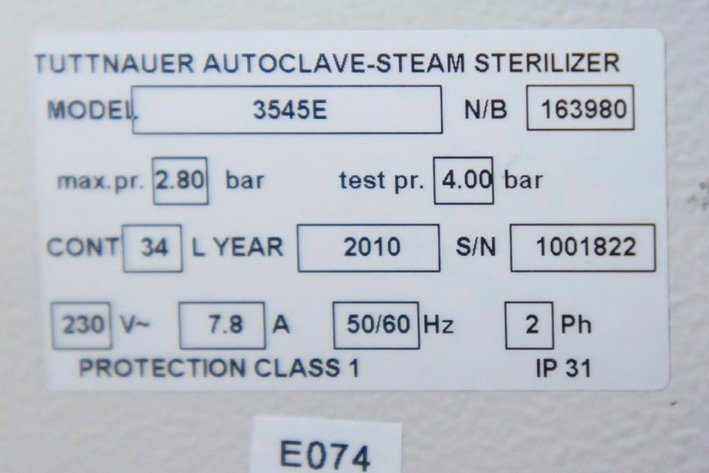 Image for MJK1748 Tuttnauer Brinjmann 354E Autoclave