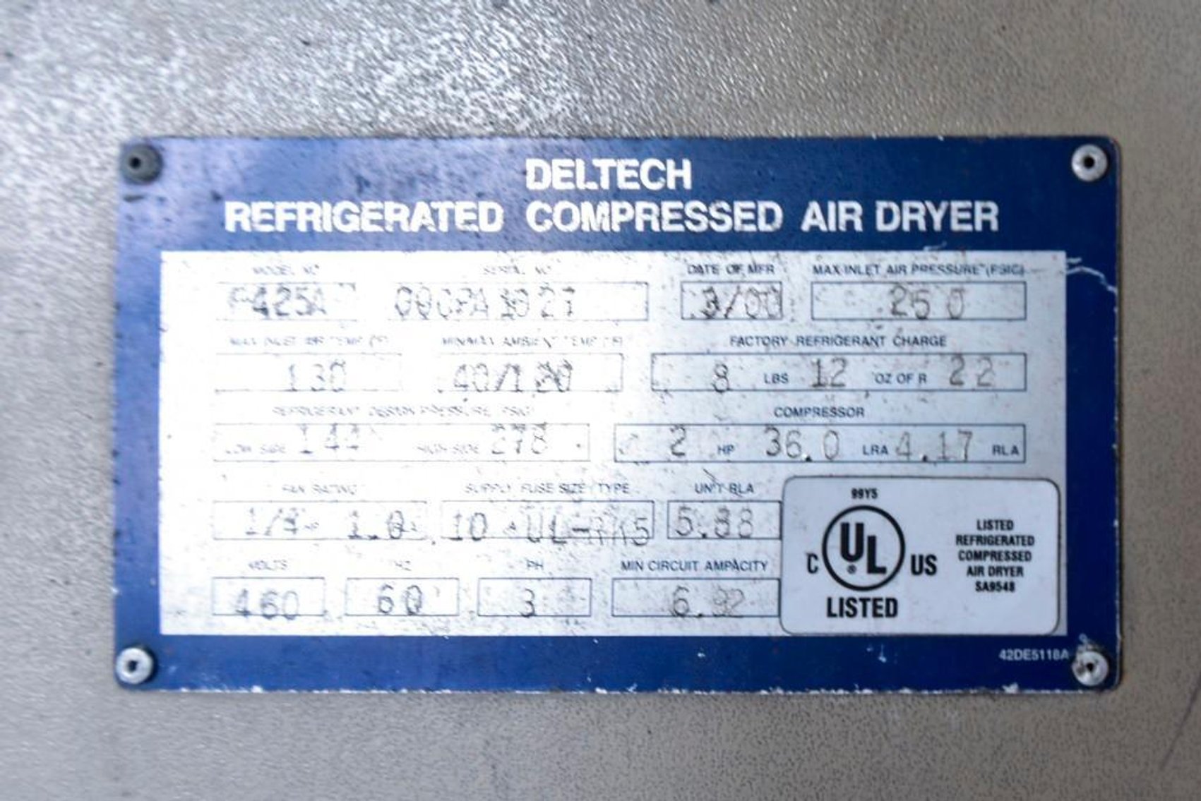 Image for ***SOLD*** MJK1732 Del Tech Refrigerated Compressed Air Dryer