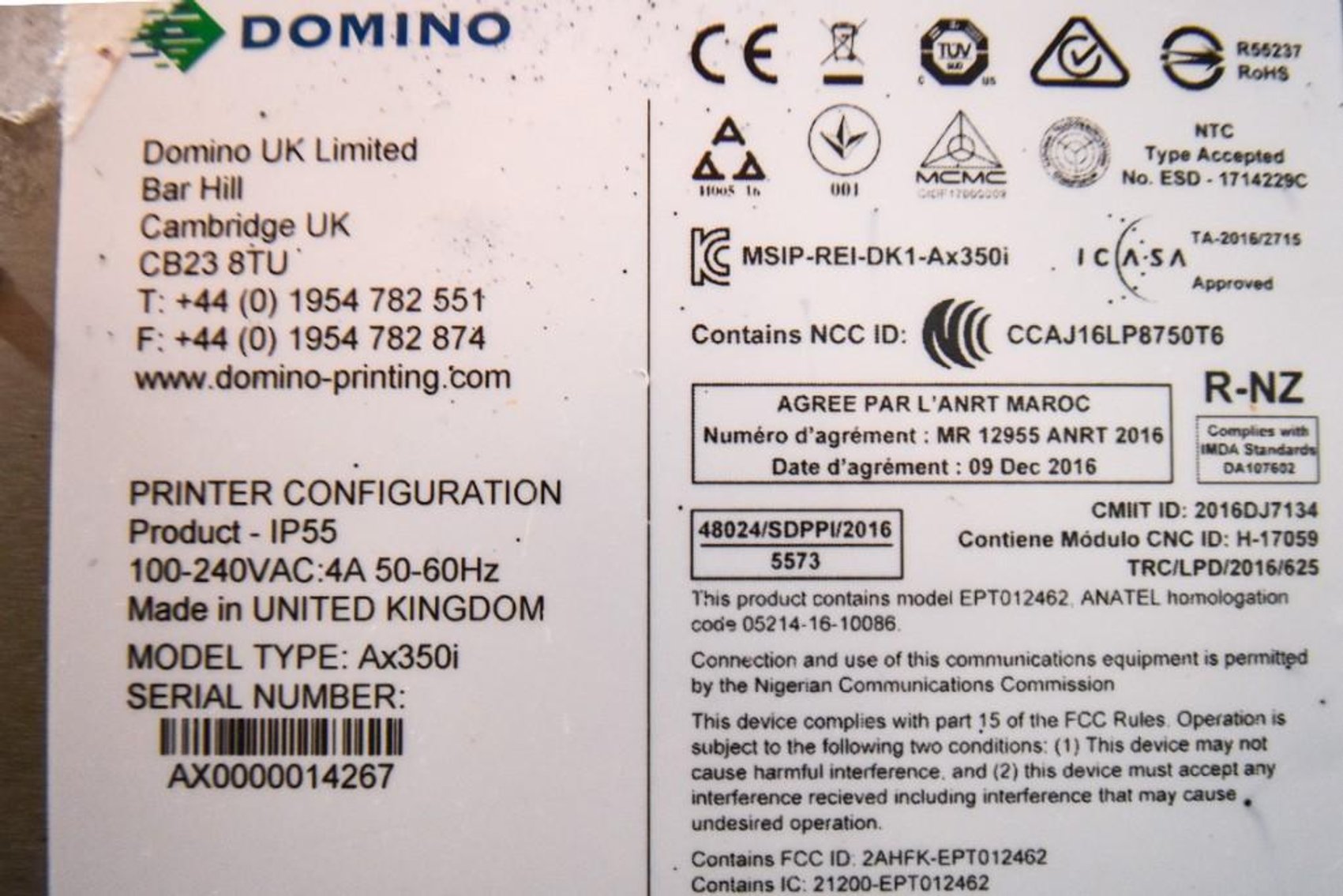 Image for **SOLD** MJK2089 Domino 350i Inkjet Coder