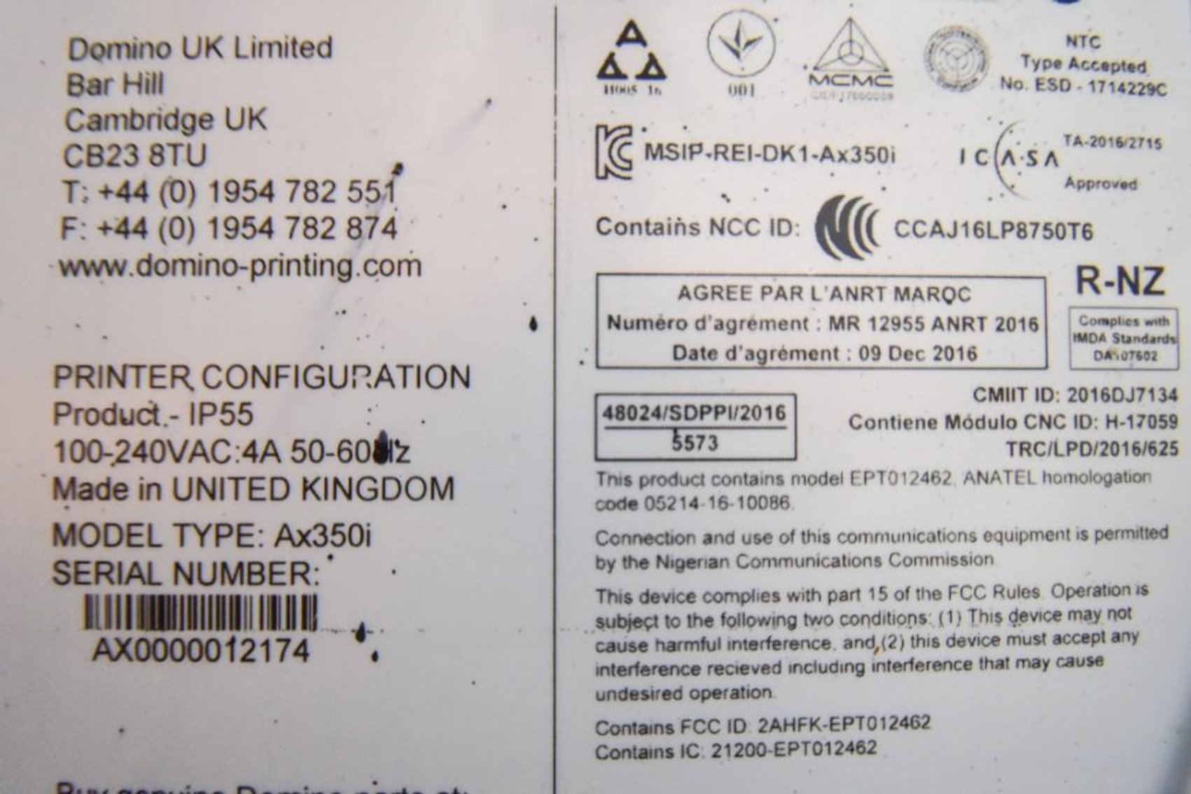 Image for MJK2096 Domino AX350i Inkjet Coder