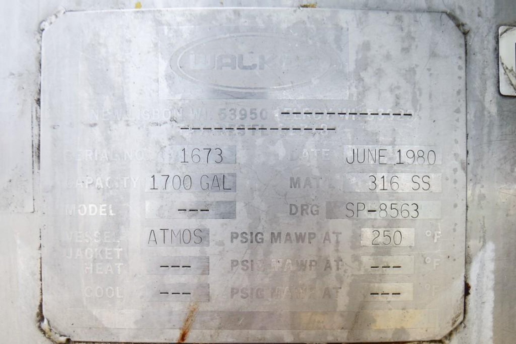 Image for MJK2150 ***SOLD*** Walker Tank 1700 Gallon Stainless Steel