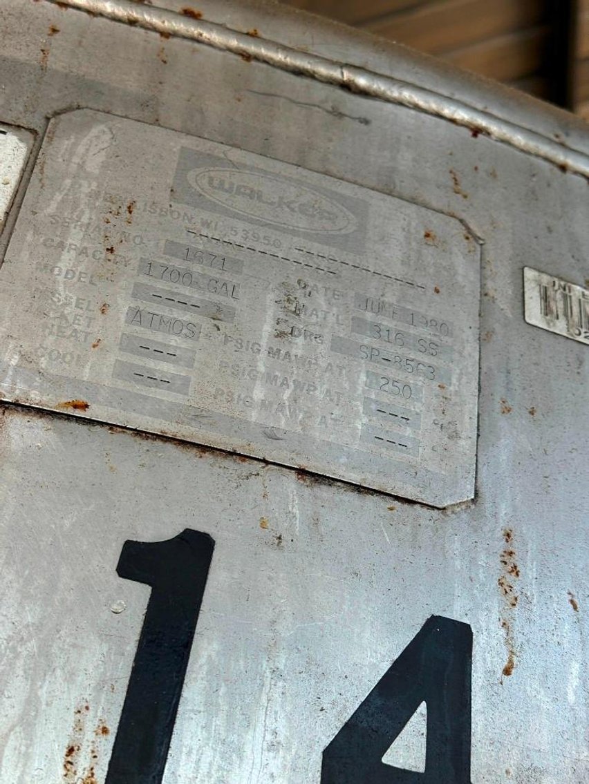 Image for ***SOLD*** MJK2278 Walker 1,700 Gallon Single Walled Agitation Tank