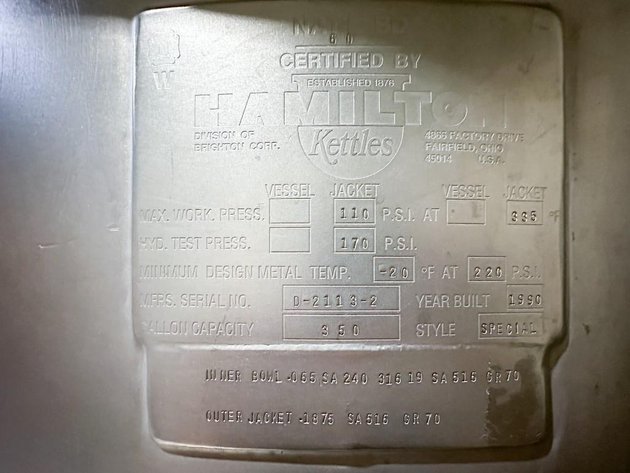 Image for MJK2504 350 Gallon 1/3 Jacketed Hamilton Kettle