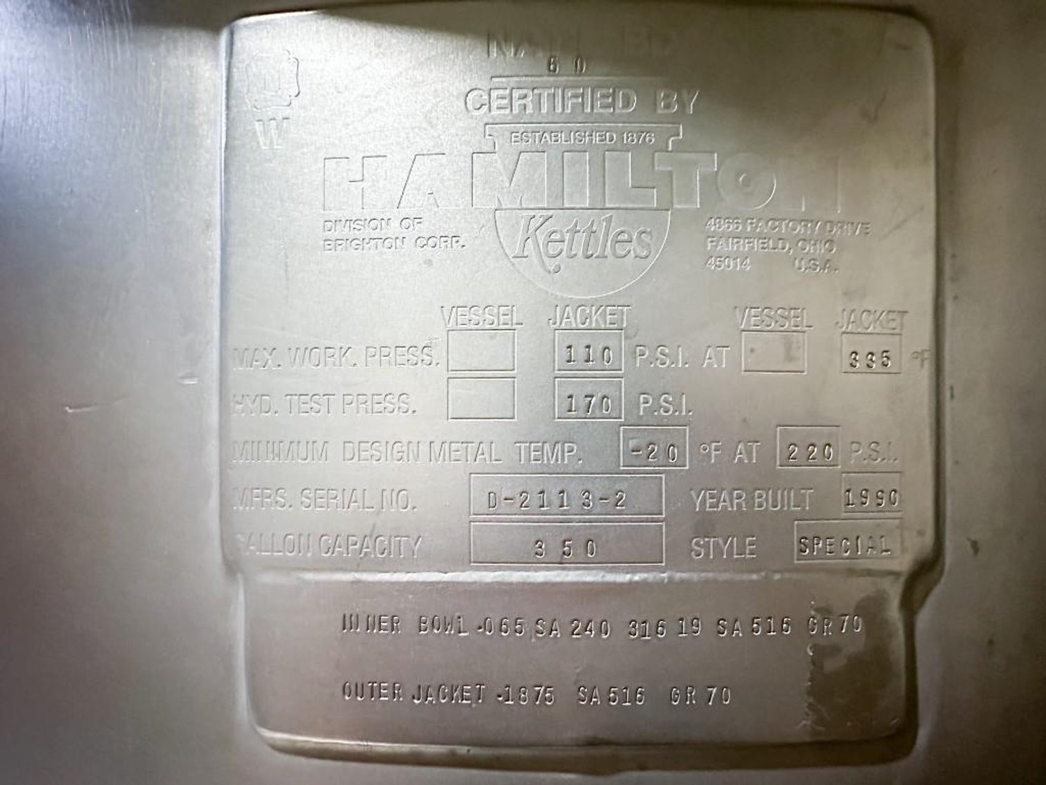 Image for MJK2504 350 Gallon 1/3 Jacketed Hamilton Kettle