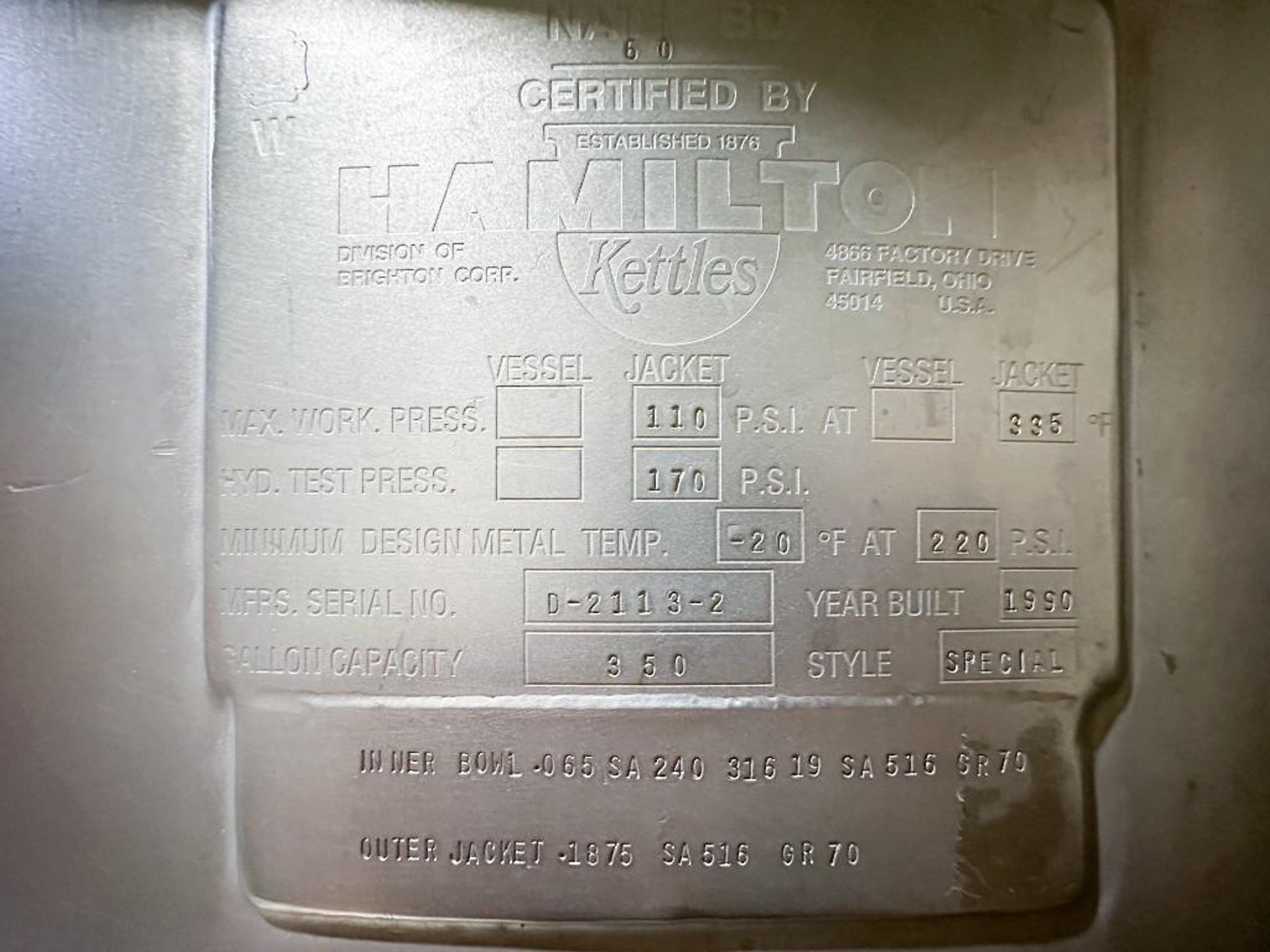 Image for MJK2504 350 Gallon 1/3 Jacketed Hamilton Kettle