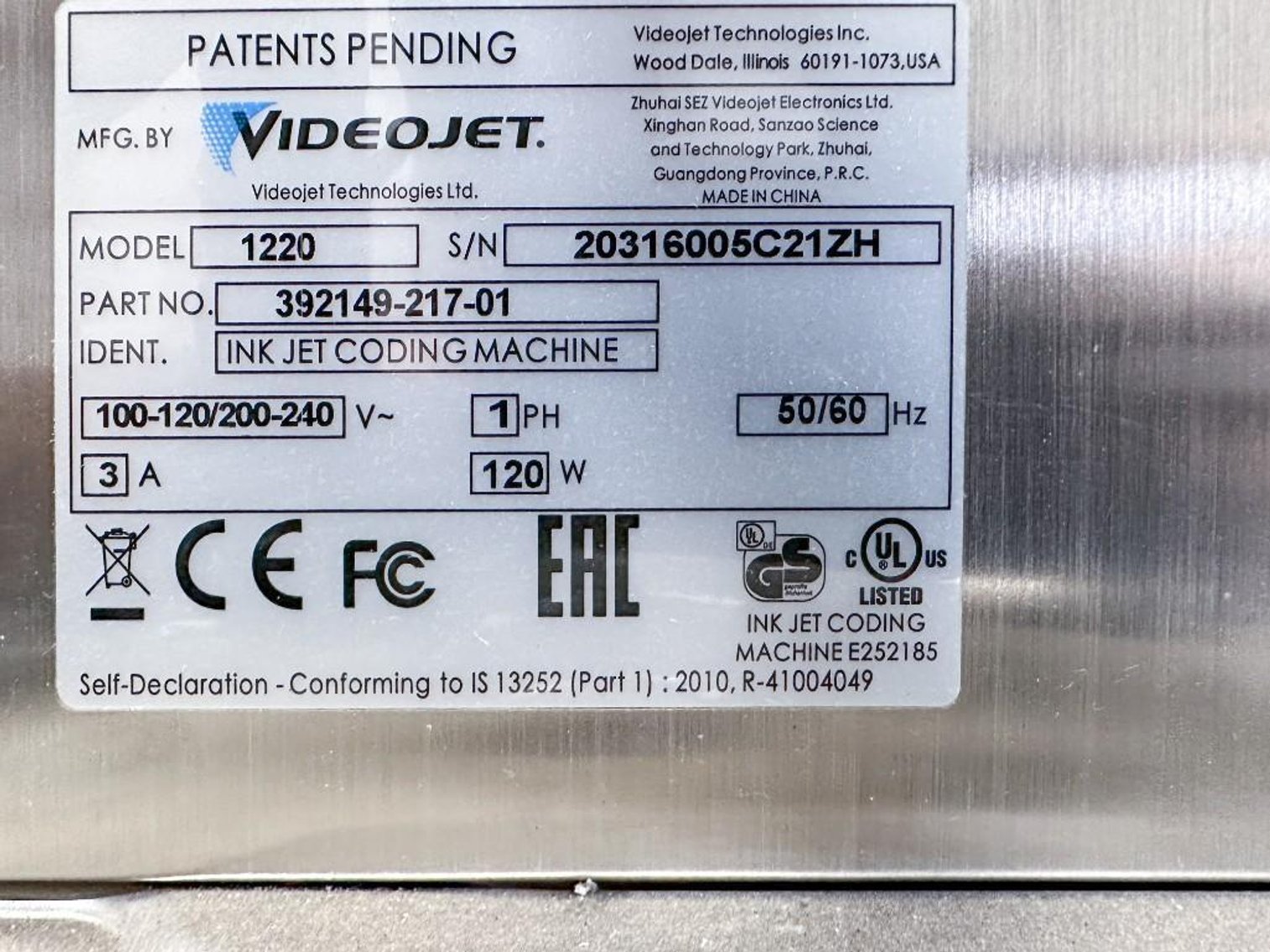 Image for MJK2542 Videojet 1220 Printer