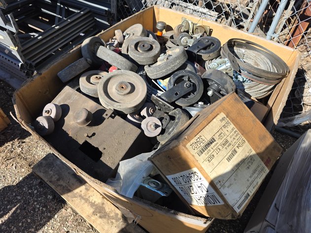 Image for Crate Full of Casters, Steel Cable, Machine Parts and More.