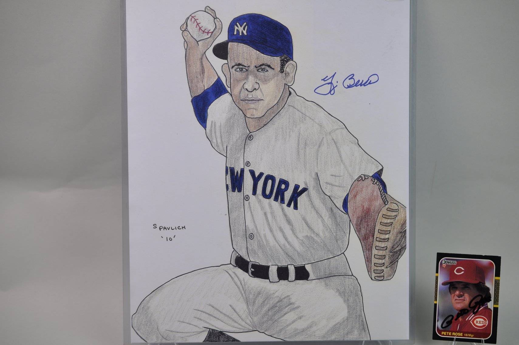 Yogi Berra Signed Sketch/ Pete Rose Signed Card