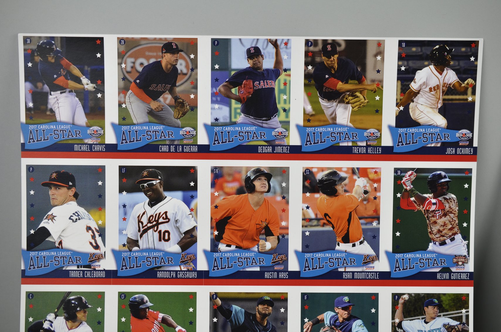 Two Uncut Sheets of 2017 Carolina League Cards