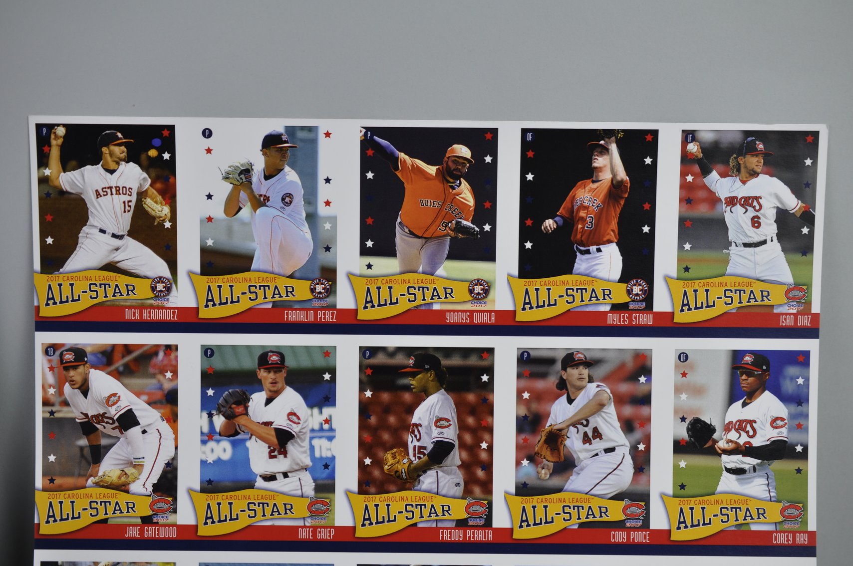 Two Uncut Sheets of 2017 Carolina League Cards