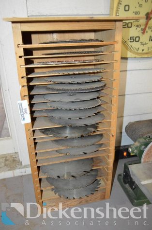 Image for LOT - SAW BLADES AND WOOD CABINET