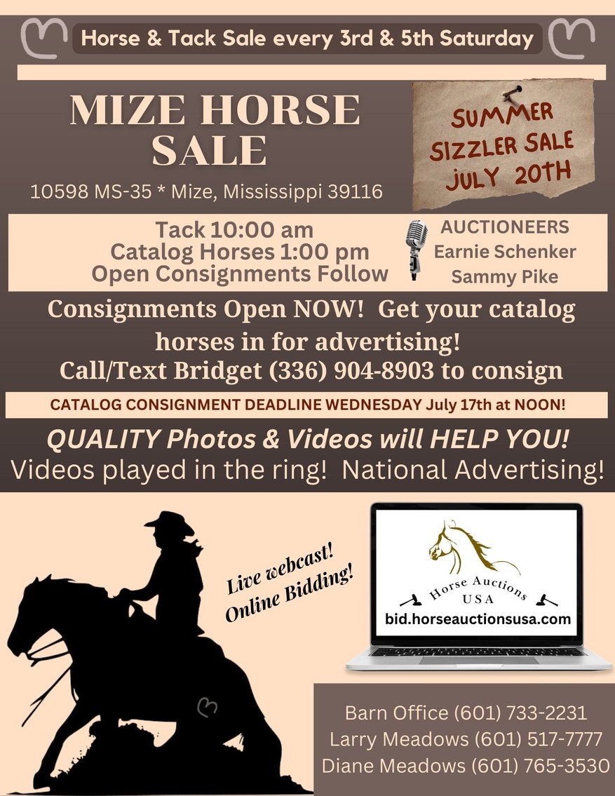 Image for Mize Horse Sale  SATURDAY JULY 20TH - Mize, Mississippi