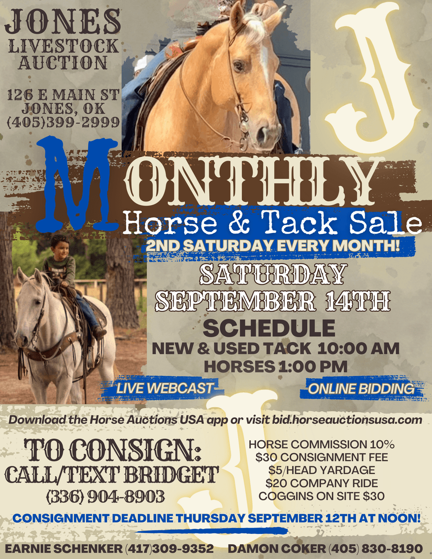 Image for Jones Livestock Auction MONTHLY HORSE & TACK SALE!   Saturday, September 14th!