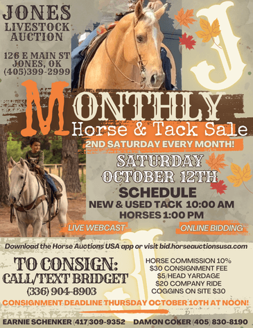 Image for Jones Livestock Auction MONTHLY HORSE & TACK SALE!   Saturday, October 12th!