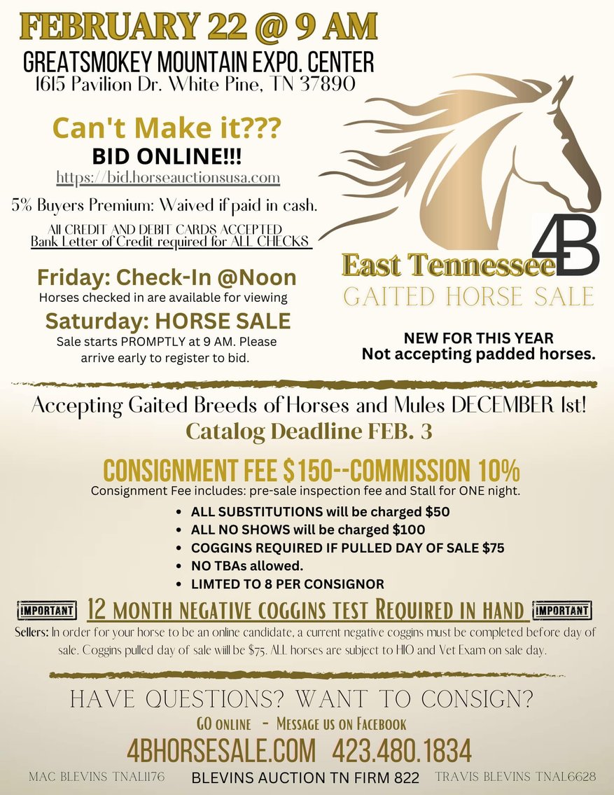 Image for East Tennessee 4B Gaited Horse Sale  White Pine, Tennessee - February 22nd