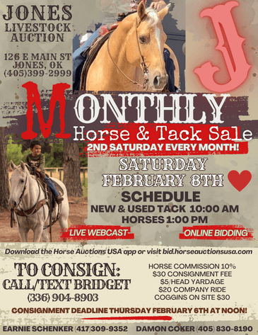 Image for Jones Livestock Auction MONTHLY HORSE & TACK SALE!   SATURDAY, FEBRUARY 8TH!