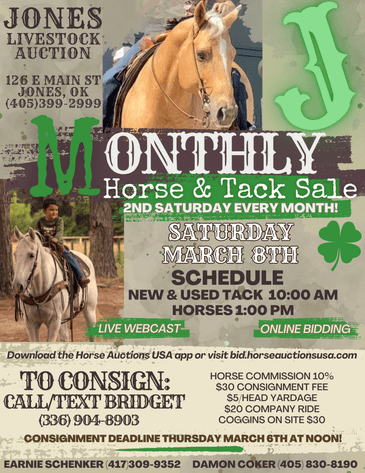 Image for Jones Livestock Auction MONTHLY HORSE & TACK SALE!   SATURDAY, MARCH 8TH!