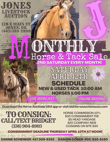 Image for Jones Livestock Auction MONTHLY HORSE & TACK SALE!   SATURDAY, APRIL 12TH!