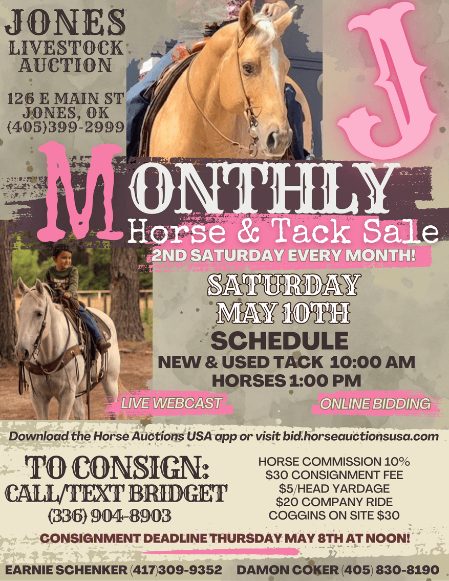 Image for Jones Livestock Auction MONTHLY HORSE & TACK SALE!   SATURDAY, MAY 10TH!