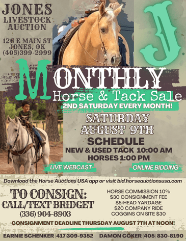 Image for Jones Livestock Auction MONTHLY HORSE & TACK SALE!   SATURDAY, AUGUST 9TH!