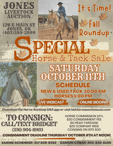 Image for Jones Livestock Auction FALL ROUNDUP SPECIAL HORSE & TACK SALE!   SATURDAY, OCTOBER 11TH!