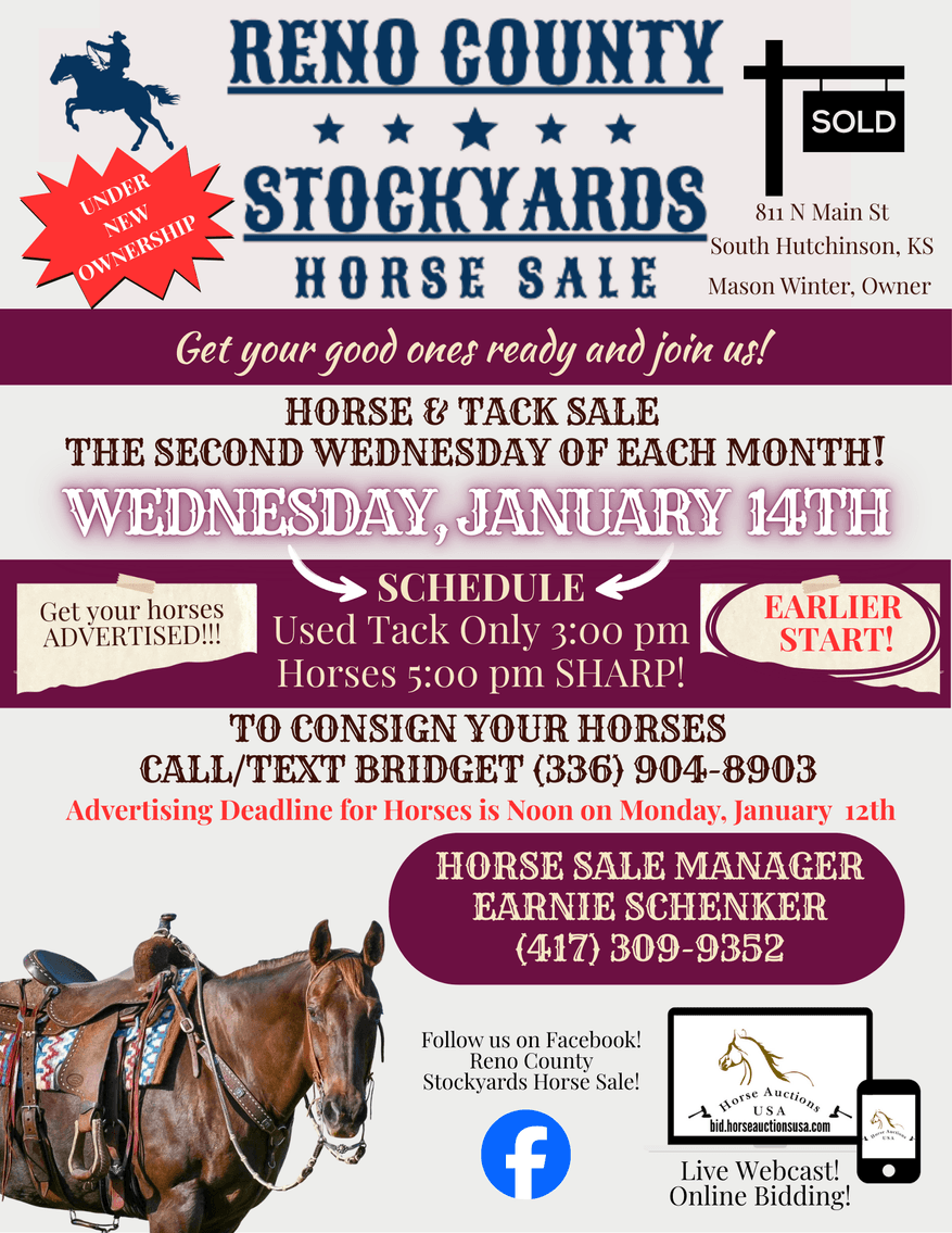 Image for Reno County Stockyards Horse Sale WEDNESDAY, JANUARY 14TH - South Hutchinson, KS