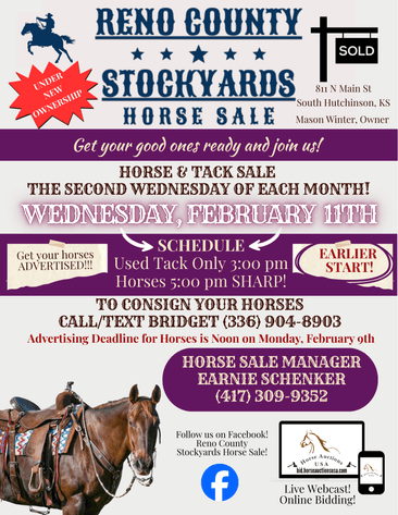 Image for Reno County Stockyards Horse Sale WEDNESDAY, FEBRUARY 11TH - South Hutchinson, KS