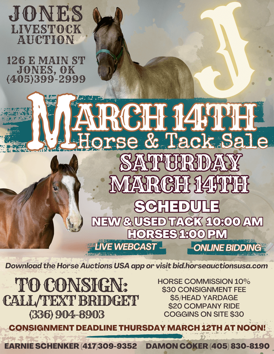 Image for Jones Livestock Auction HORSE & TACK SALE!   SATURDAY, MARCH 14TH