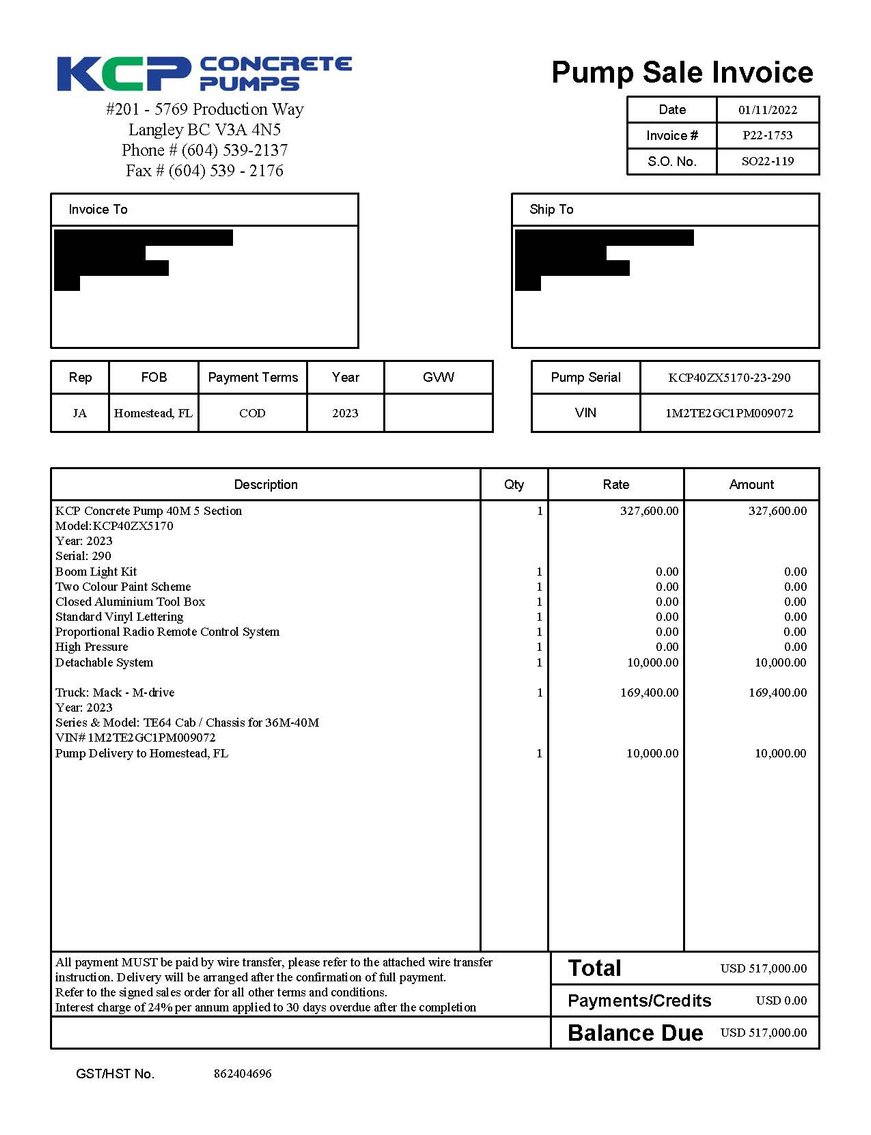 Image for FL: 2023 Mack TE64 w/ KCP Concrete Pump Truck & Mast